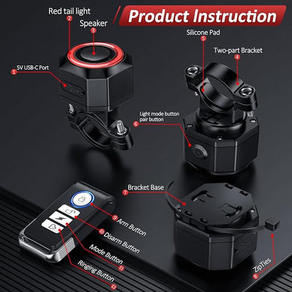 Bike Alarm with Remote, Bike Tail Light & Brake Light Auto ON/Off USB-C Rechargeable, 110dB Bicycle Alarm System Anti Theft Vibration Motion Sensor for Bike, Ebike, Scooter, IP65 Waterproof