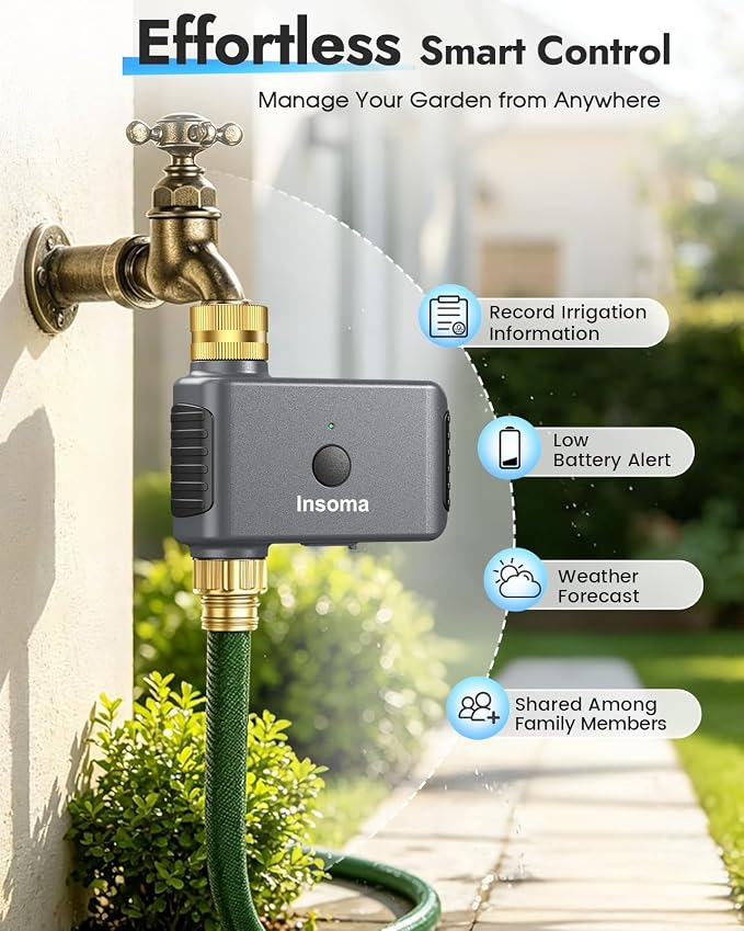 Insoma WiFi Water Timer Brass Inlet, Smart Sprinkler Timer for Garden Hose, APP & Voice Control Hose Timers, No WiFi Hub, 20 Watering Plans, Rain Delay Manual Mode for Garden Lawns(2.4GHz Only)