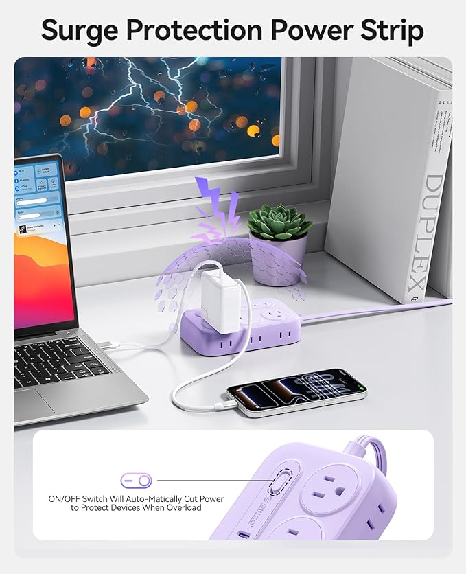 ORICO Surge Protector Power Strip, PD20W Multiple Outlets Extension Cord with 6 AC Outlets and 4 USB Charging Ports (2 USB-C), 45° Flat Plug, 10 Ft Mountable Outlet Extender for Home/Office/Dorm - OG
