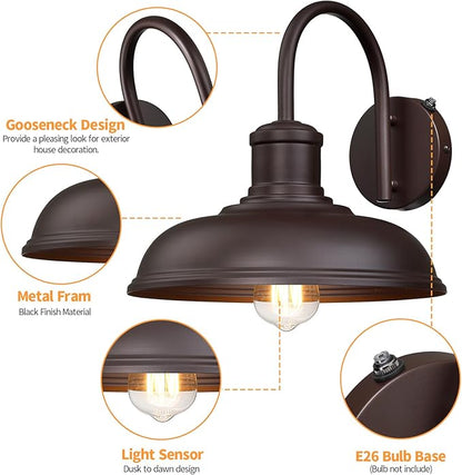 12'' Dusk to Dawn Outdoor Gooseneck Barn Light, 2-Pack Farmhouse Exterior Wall Mount Light Fixture - Industrial Brown for Porch, Entryway, Garage