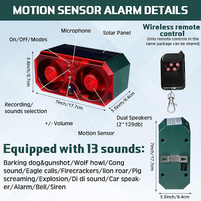 Qualirey 6 Pcs Solar Outdoor Motion Sensor Alarm with Stake Animal Deterrent Dog Barking Sensor 13 Sound 130dB Loud Noise Maker 4 Mode with USB Remote Control Support Recording Volume Adjustment