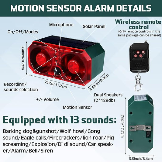 Qualirey 6 Pcs Solar Outdoor Motion Sensor Alarm with Stake Animal Deterrent Dog Barking Sensor 13 Sound 130dB Loud Noise Maker 4 Mode with USB Remote Control Support Recording Volume Adjustment