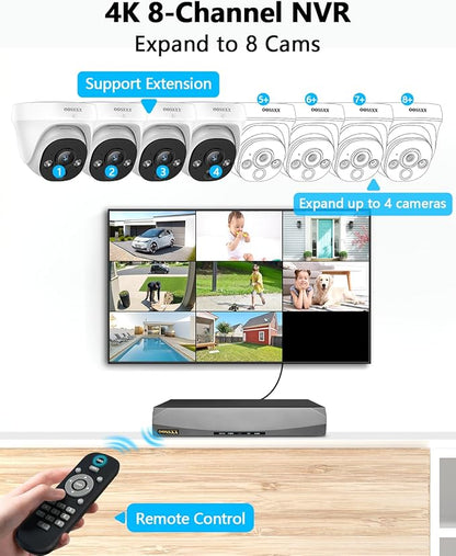 OOSSXX (2026 New) 4K PoE Security Camera System, 8CH NVR w/ 1TB HDD, 4pcs Wired Dome Cameras, 130° Wide Angle, PIR Motion Detection, 2-Way Audio, Remote Control, No Monthly Fee App