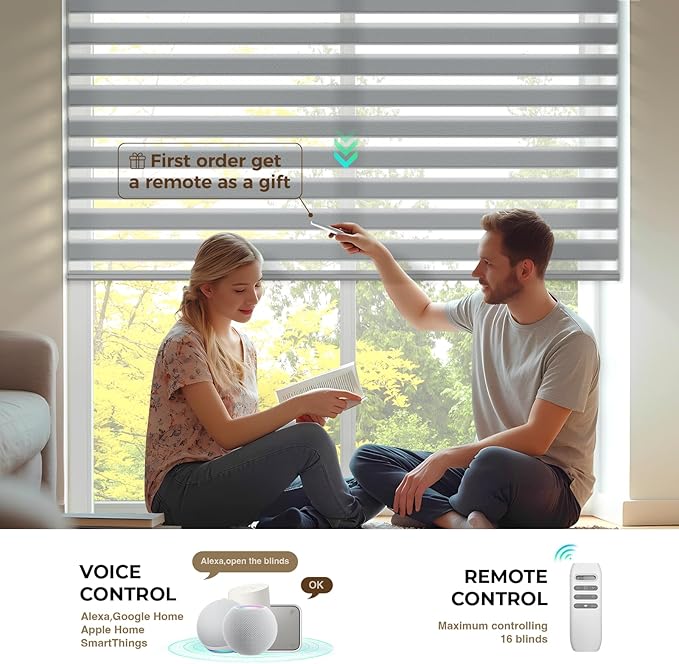 HeyBlinds Motorized Zebra Blinds with Remote, Smart Cordless Electric Zebra Shades for Indoor Windows Compatible with Alexa Google & Homekit, Custom Size (Wool-Gray LF)