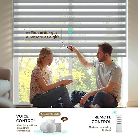 HeyBlinds Motorized Zebra Blinds with Remote, Smart Cordless Electric Zebra Shades for Indoor Windows Compatible with Alexa Google & Homekit, Custom Size (Wool-Gray LF)