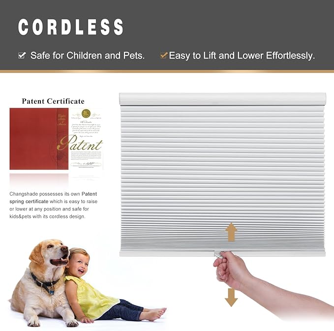 Changshade Custom Blinds Cellular Shades Blackout Cordless for Indoor Windows, Honeycomb Blind Room Darkening Black Out Shade for Bedroom, Bathroom, Nursey, Heat Sun Light Blocking Easy Install,White