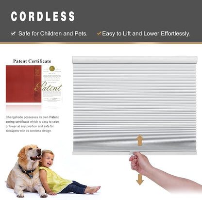 Changshade Custom Blinds Cellular Shades Blackout Cordless for Indoor Windows, Honeycomb Blind Room Darkening Black Out Shade for Bedroom, Bathroom, Nursey, Heat Sun Light Blocking Easy Install,White
