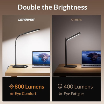 LEPOWER Desk Lamp, 800LM LED for Home Office, True Eye-Caring for Reading | 50 Lighting Modes, 2X Wider Panel, 360° Flexible Gooseneck, Touch Control, 12W Bright Table Lamp for Dorm, Bedroom, Study