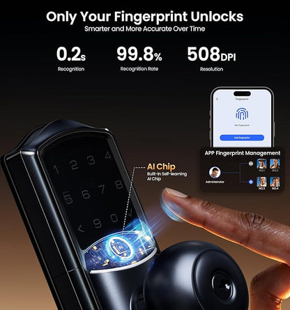 Veise VE028 Built-in Wi-Fi Smart Lock with Knob, Fingerprint Keyless Entry with Handle, App Remote & Voice Control, Electronic Digital Keypad for Front Door and Bedroom, IP65 Waterproof, Matte Black