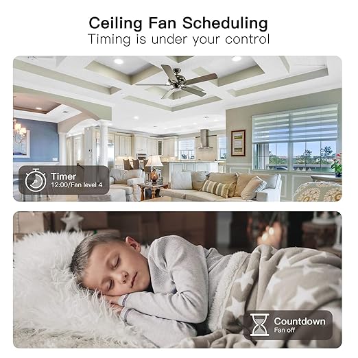 TREATLIFE Smart Fan Switch, 4 Speed Fan Switch for Ceiling Fan, Neutral Wire Required, 2.4GHz WiFi Smart Ceiling Fan Control Works with Alexa, Google Home, Remote Control, Schedule, No Hub Required