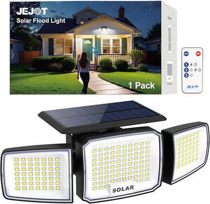 Solar Security Light Outdoor Super Bright LED, Motion Sensor Flood Light, 3 Heads 270° Wide Angle,Remote Control, IP65 Waterproof, 3 Modes (1 Pack)