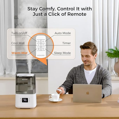 BOXING 4.5L Warm and Cool Mist Ultrasonic Humidifier for Bedroom Large Room, Top Fill Essential Oil Diffuser with Remote, Auto Shut-Off Quiet Sleep Mode, Humidistat, Timer, BPA-Free, 45H Runtime