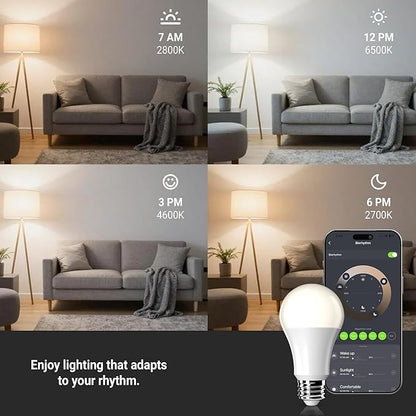 Leona Smart Bulb, RGB Color Changing +Tunable White, WiFi, E26 Base, 9W LED, 800 Lumens, App-Controlled, Voice Compatible, 2700K-6500K (4-Pack)