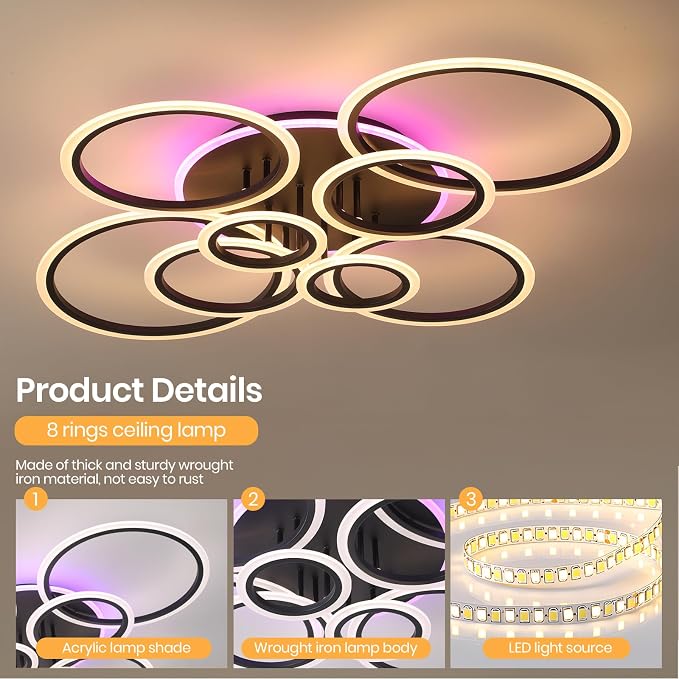 80W LED Ceiling Light, Modern Dimmable Flush Mount with Remote Lamp | Modern Black Flush Mount Fixture with RGB Ambient Backlight, Dimmable 3000K-6000K,10%-100% Brightness for Living Room Bedroom