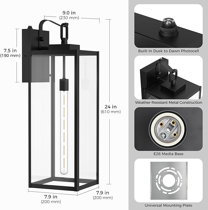L LOHAS LED 2 Pack 24 Inch Large Size Dusk to Dawn Outdoor Light Fixture, Matte Black Waterproof Anti-Rust Porch Lights Ourdoor, Exterior Lighting Fixtures for Porch, Doorway, Garage, ETL Listed