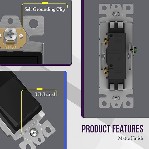 ENERLITES Matte Black Light Switch with Screwless Wall Plate, Decorator Paddle Rocker Wall Switch, Single Pole, Grounding Screw, Residential Grade, 15A 120V/277V, UL Listed, 91150-MBK10P (10 Pack)