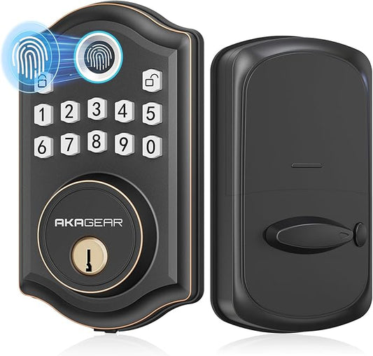AkaGear Keyless Entry Door Lock with Fingerprint - Door Locks with 2 Keys, Electronic Keypad Deadbolt, Smart Door Locks, Smart Locks for Front Door, Auto-Lock & One Touch Locking - Oil Rubbed Bronze