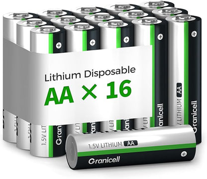 Granicell 16-Pack Lithium AA Batteries | 1.5V for Blink Cameras, Smart Locks, Alarms & Tech Devices | 10-Year Life, Leak-Proof, Extreme-Temp Resistant (Non-Rechargeable)