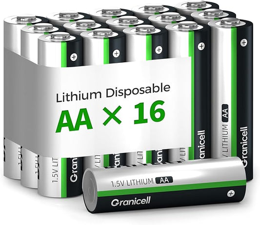 Granicell 16-Pack Lithium AA Batteries | 1.5V for Blink Cameras, Smart Locks, Alarms & Tech Devices | 10-Year Life, Leak-Proof, Extreme-Temp Resistant (Non-Rechargeable)
