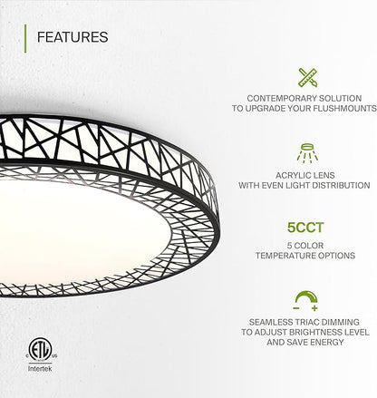 ASD 18 Inch LED Flush Mount Ceiling Light Fixture for Bedroom, 35W 1992LM 5CCT 2700K-5000K, Triac Dimmable Lights, Dining, Living Room, Kitchen Lamps, Modern Home Lighting Fixtures, Black, ETL, 2 Pack