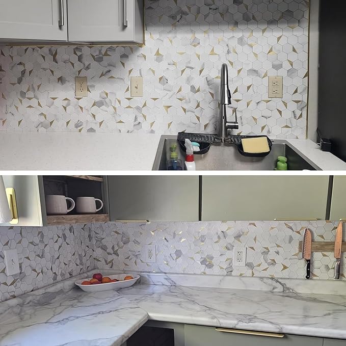 20-Sheet Heavy-Duty Hexagon Peel and Stick Backsplash, Thick Waterproof &Heat Resistant Stick on Wall Tiles, Marble White Mosaic for Kitchen & Bathroom, Strong Adhesive Permanent PVC Tiles