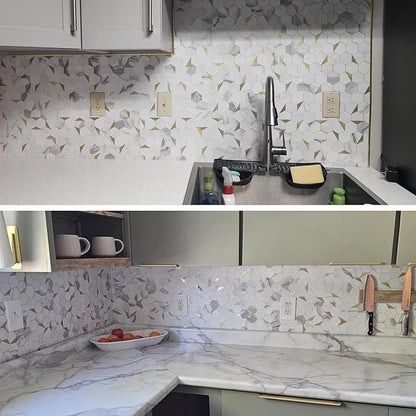 10-Sheet Heavy-Duty Hexagon Peel and Stick Backsplash, Thick Waterproof &Heat Resistant Stick on Wall Tiles, Marble White Mosaic for Kitchen & Bathroom, Strong Adhesive Permanent PVC Tiles
