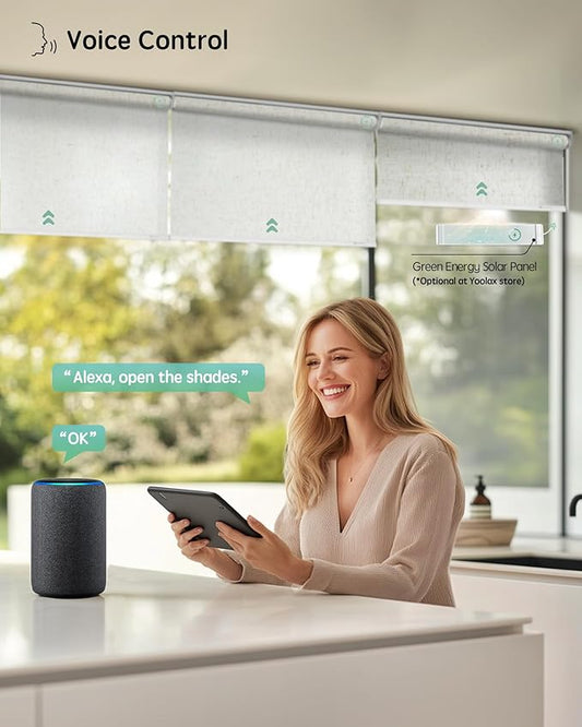 Yoolax Motorized Blinds with Remote, Light Filtering Smart Roller Shades Work with Alexa, Google, Apple Homekit, Custom Automatic Shades with Voice Control for Living Room (Linen Beige)