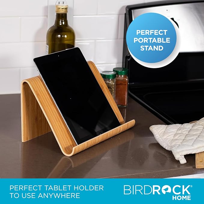 Sofia + Sam Bamboo Tablet Holder and Stand - Natural Wood - E-Readers, Smartphones - Kitchen Tabletop Organizer - Portable Stand for Books, Cookbooks, and Devices