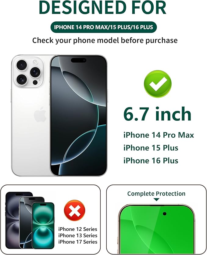 Privacy Screen Protector for iPhone 14 Pro Max/15 Plus/16 Plus Tempered Glass 6.7 inch Private Protective Film Anti-Blue Light Anti Spy No-Bubble Gradient Green [HD Clarity]