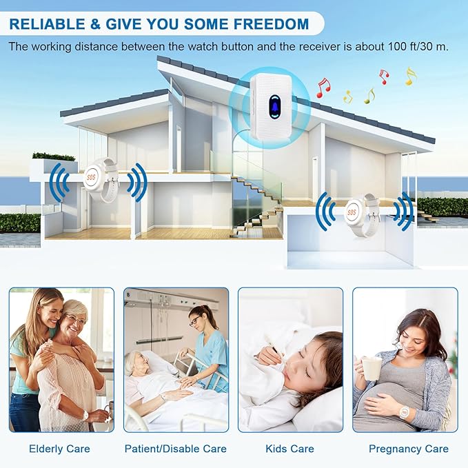 Daytech Wireless Caregiver Pager Wrist Call Button Personal Help Alert Pager System for Home Nurses Caregivers Patients Elderly 2 Waterproof Transmitters 1 Plugin Receiver