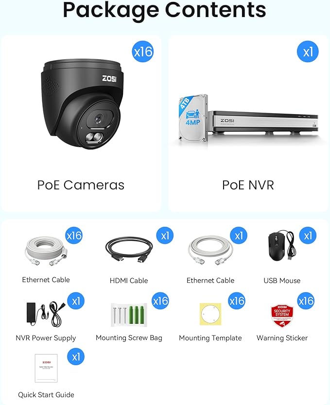 ZOSI C220 16CH 4K 8MP PoE Home Security Camera System, 16 Channel 4K NVR with 4TB HDD for 24/7 Record, 16 x 4MP(1440p) 2.5K QHD Dome IP Cameras Outdoor Indoor, Smart AI Human Detection, Two-Way Audio