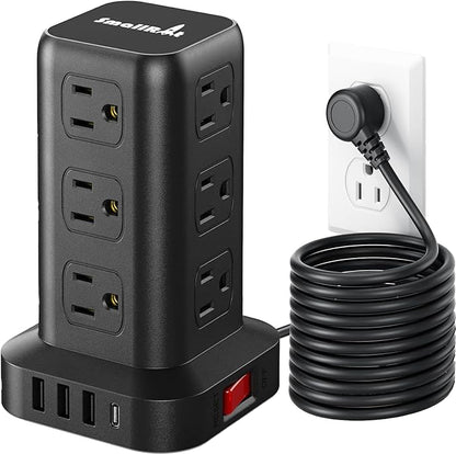 Extension Cord with Multiple Outlets, SMALLRT Surge Protector Power Strip Tower with USB Ports 12 AC Outlets, PD 20W USB C, 15FT Outlet Extender for Home Dorm, Office Supplies, Overload Protection