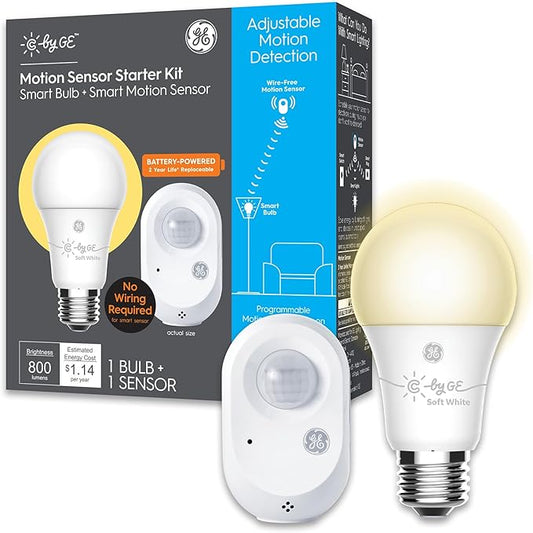 GE C by GE Starter Kit Battery-Powered Motion Sensor 60-Watt EQ A19 Soft White Smart LED Light Bulb