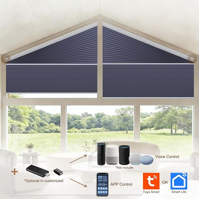 Godark Smart Angled Customized Blackout Honeycomb Blinds Suitable for Trapezoidal/Triangular/Polygonal Windows Motorized Cellular Shades Compatible with Alexa/Google Home/Tuya APP-Dark Blue