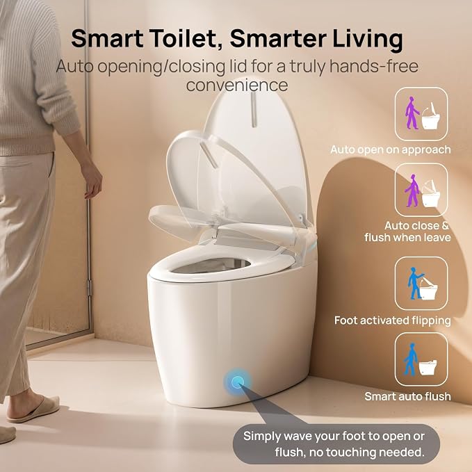 Smart Toilet with Bidet Built-in: Bidet Toilet with 4 Washing Child Friendly Modes, Elongated Heated Seat, One Piece Toilet with Dryer, Remote, Foot Sensor, Auto Flush Lid&Seat, UV-C Night Light