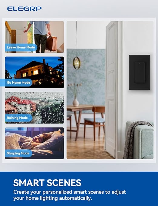ELEGRP Smart Light Switch, 2.4GHz Wi-Fi Light Switch Compatible with Alexa & Google Assistant, Neutral Wire Required, APP Control and Timer Schedule, UL Certified,Single Pole, Black, 10 Pack