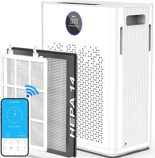 Air Purifiers for Home Large Room up to 2800ft², Smart Wifi Air Purifier with PM2.5 Sensor, HEPA H14 Washable Filter Sleep Mode 22dB with Timer, Air Cleaner for Dust Odors Pollen Dander (White-WIFI)