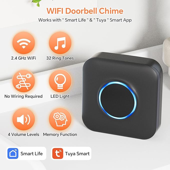 Smart WiFi Wireless Doorbell Chime for Google Nest, Ring, Blink – App-Connected with LED Light, No Wiring Required (1pack, Black)