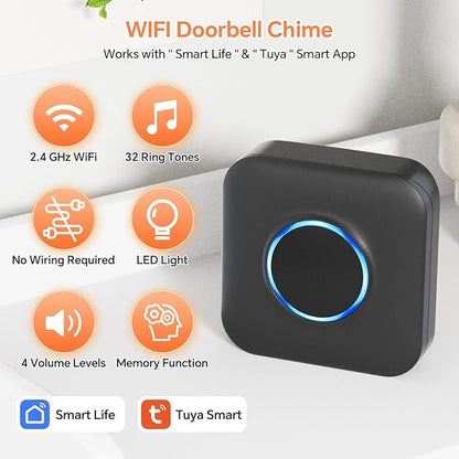 Smart WiFi Wireless Doorbell Chime for Google Nest, Ring, Blink – App-Connected with LED Light, No Wiring Required (1pack, Black)
