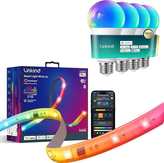 Linkind Matter Smart Light Bulb 4 Pack 1600LM 100W and LED Strip Lights RGB 10ft Compatible with Alexa and Google Home