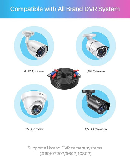 ZOSI 1 Pack 100ft (30 Meters) 2-in-1 Video Power Cable, BNC Extension Surveillance Camera Cables for Video Security Systems (Included 1X BNC Connectors and 1X RCA Adapters)