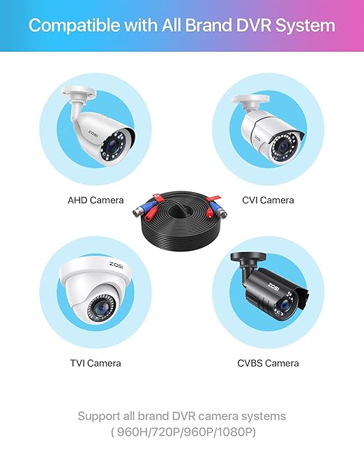 ZOSI 4-Pack 100ft (30m) BNC Video Power Cables, All-in-One Pre-Made Extension Wire for CCTV Security Camera Surveillance DVR Systems, Includes 4 BNC & RCA Connectors and 100 Cable Clips