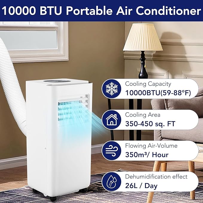 GarveeLife Portable Air Conditioner,10,000 BTU for Rooms up to 450 Sq.Ft., Smart Compact AC Unit with Cooling, Dehumidifier, Fan, Remote Control and Window Kit, White