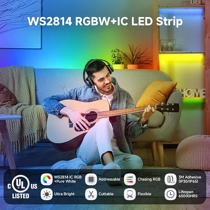 BTF-LIGHTING WS2814 IC RGBW RGB+Warm White UL Listed, DC12V 16.4FT 84LED/m | 28pixel/m,(Similar WS2812B),Addressable4 Colors in 1 Dream Color LED Strip 12mm Width PCB IP65(No Adapter or Controller)
