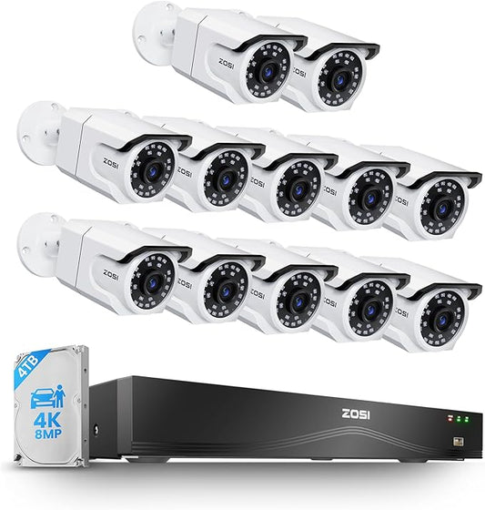 ZOSI 32CH 4K PoE Security Camera System, 12pcs 8MP Outdoor Indoor Cameras with Audio, Person/Vehicle Detection, Dual Disk Backup, H.265+ 16Port 32-Channel NVR with 4TB HDD for Business 24/7 Recording