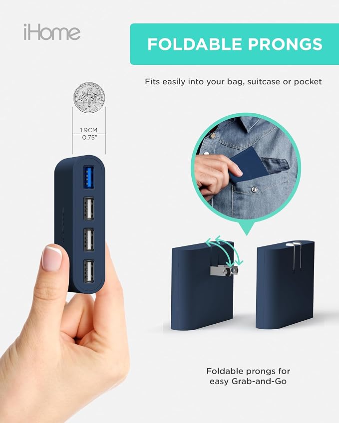iHome Slim 4-Port USB Wall Charger, Flat Multiport Travel Plug Adapter | Foldable Prongs, 2.4A Rapid Charge Port, Charges iPhone, Android, iPad, AirPods, Travel-Friendly, Charging Block for Home Use