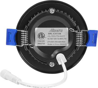 Maxxima 3 in. 5 CCT Ultra Thin Recessed LED Downlight, 400 Lumens, Slim Canless Light, IC Rated, 5 Color Temperature Selectable 2700K/3000K/3500K/4000K/5000K, Dimmable, Black Trim, J-Box Included