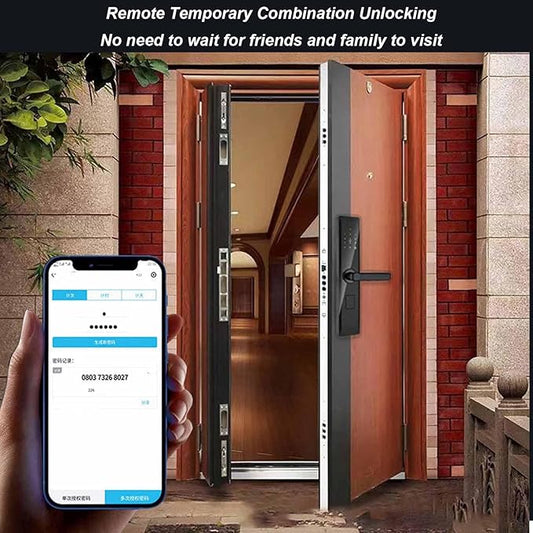 Smart Door Lock with Fingerprint Scanner, Keyless Entry with Handle, Biometric Password Card APP Control for Bedroom Home Hotel Office