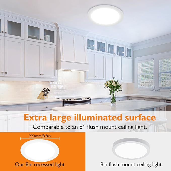 BesLowe 6 Packs 8 Inch 5CCT LED Recessed Ceiling Lights Ultra-Thin with Junction Box, 18W 225W Eqv, 3000K/3500K/4000K/5000K/6500K, 1800LM Dimmable Canless Downlights for Kitchen Hallway Dining Room