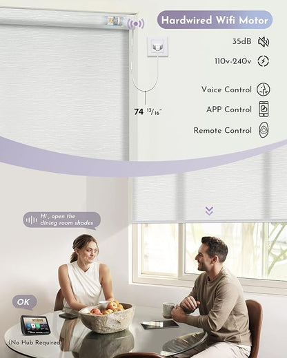 Graywind Motorized Light Filtering Shades Compatible with Alexa Google Hardwired WiFi Smart Half Shading Remote Control Automated Blinds Electric Window Shades, Custom Size (Jacquard White)